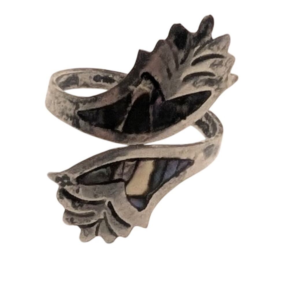 Sterling Silver Abalone Leaf Adjustable Bypass Ring Size 6 Vintage - Picture 3 of 10